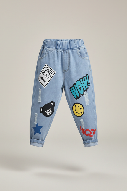 Pantalon Baggy Jean Bleu Décontracté Ample Imprimé Garçon - vue 3