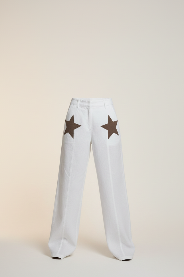 Pantalon Baggy Blanc Étoiles Marron Ample Décontracté Femme - Lin - vue 3