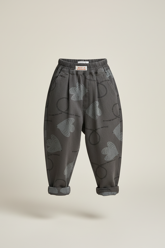 Pantalon Baggy Gris Coton Ample Motifs Cœurs Enfant - Molleton - vue 3