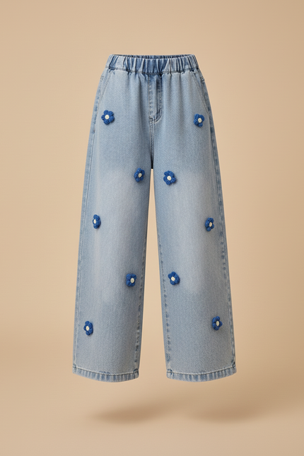 Pantalon Baggy Jean Bleu Clair Fleurs Ample Fille - vue 3