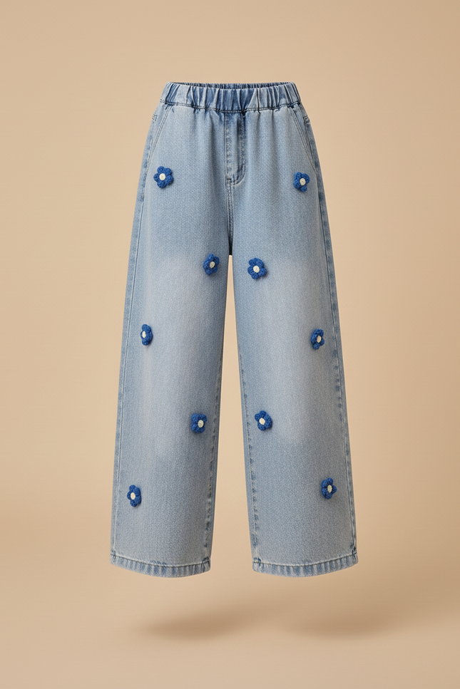 Pantalon Baggy Jean Bleu Clair Fleurs Ample Fille - vue 3