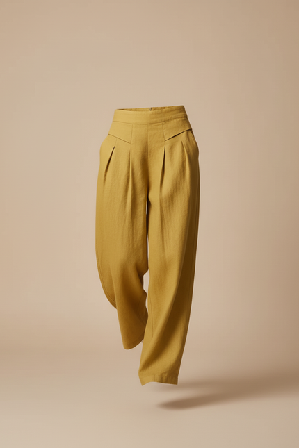 Pantalon Baggy Moutarde Lin Plissé Ample Femme - Jaune - vue 3