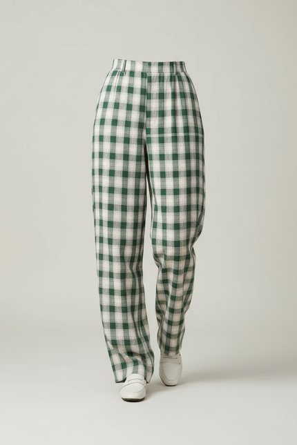 Pantalon Baggy Vert Écru Plaid Ample Décontracté Femme - Laine - vue 3