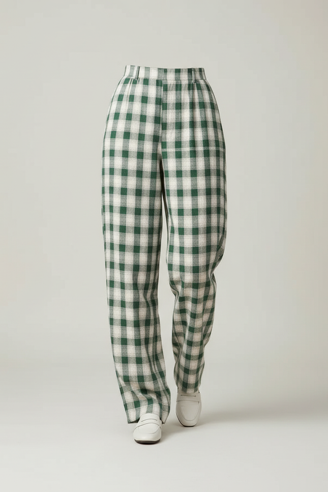 Pantalon Baggy Vert Écru Plaid Ample Décontracté Femme - Laine - vue 3