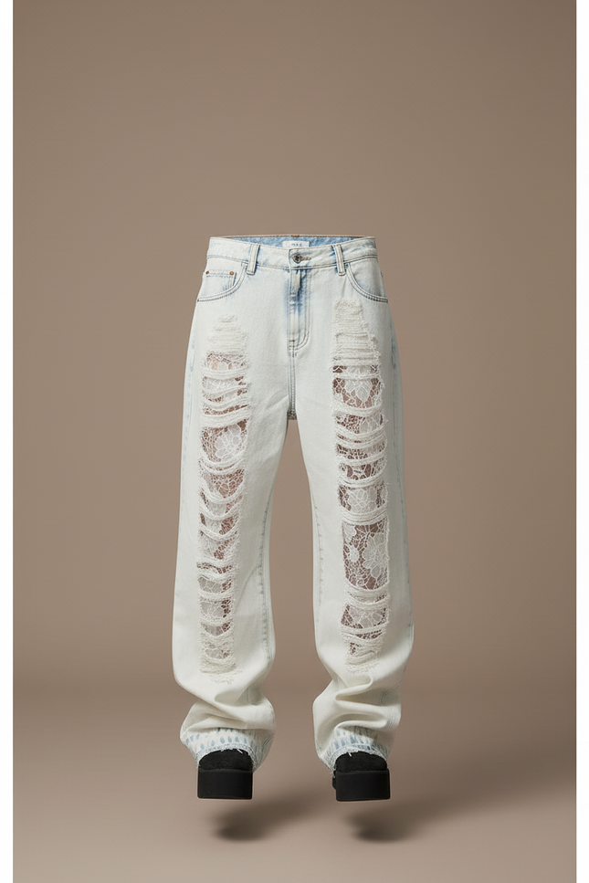 Pantalon Baggy Jean Bleu Clair Détruit Dentelle - vue 3