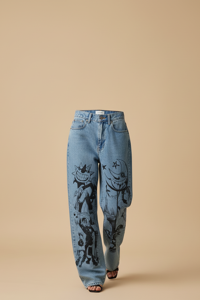 Pantalon Baggy Jean Clair Ample Imprimé Manga Streetwear - Bleu - vue 3