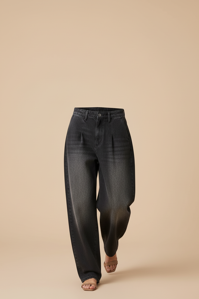 Pantalon Baggy Jean Gris Délavé Ample Plissé - vue 3