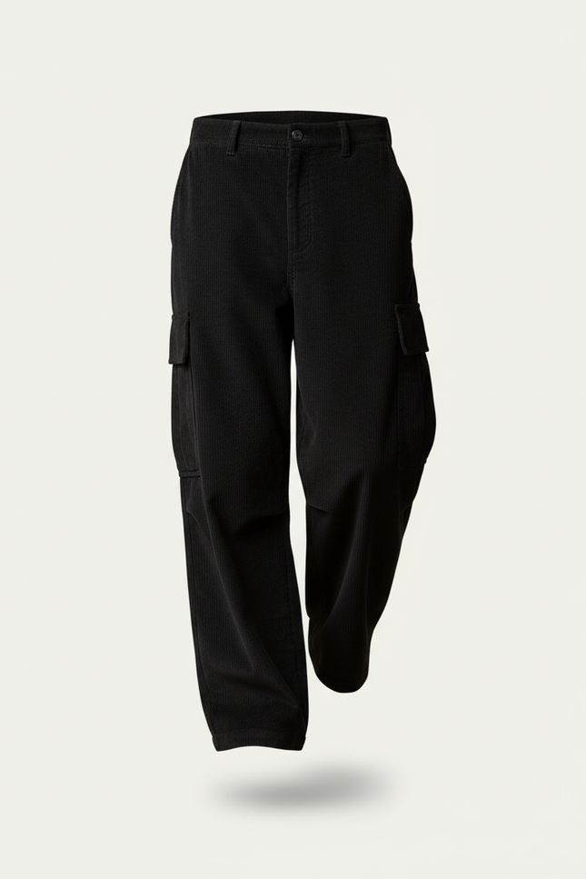 Pantalon Baggy Noir Côtelé Cargo Ample Homme - Cordé - vue 3
