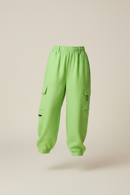 Pantalon Baggy Vert Citron Cargo Taille Élastiquée - Lin - vue 3