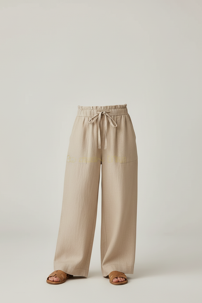 Pantalon Baggy Lin Beige Ample Cordon Décontracté - vue 3