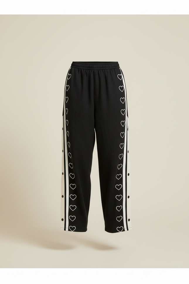 Pantalon Baggy Noir Cœurs Boutons Latéraux Sport Femme - Molleton - vue 3
