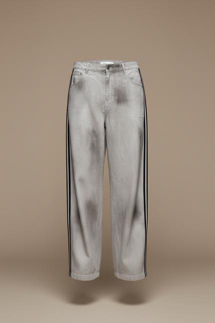 Pantalon Baggy Gris Délavé Rayures Latérales Streetwear - Jean - vue 3