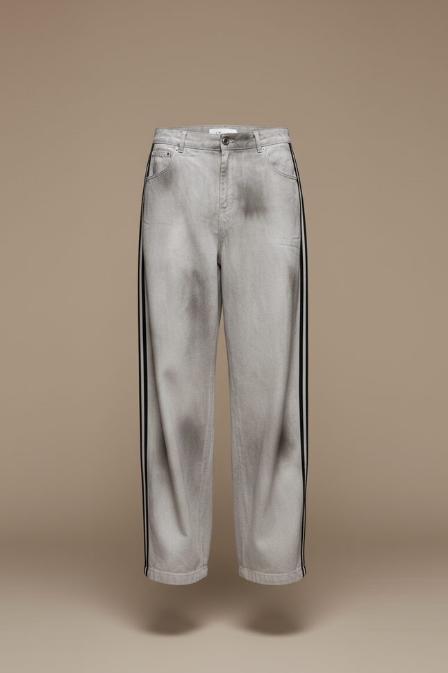 Pantalon Baggy Gris Délavé Rayures Latérales Streetwear - Jean - vue 3