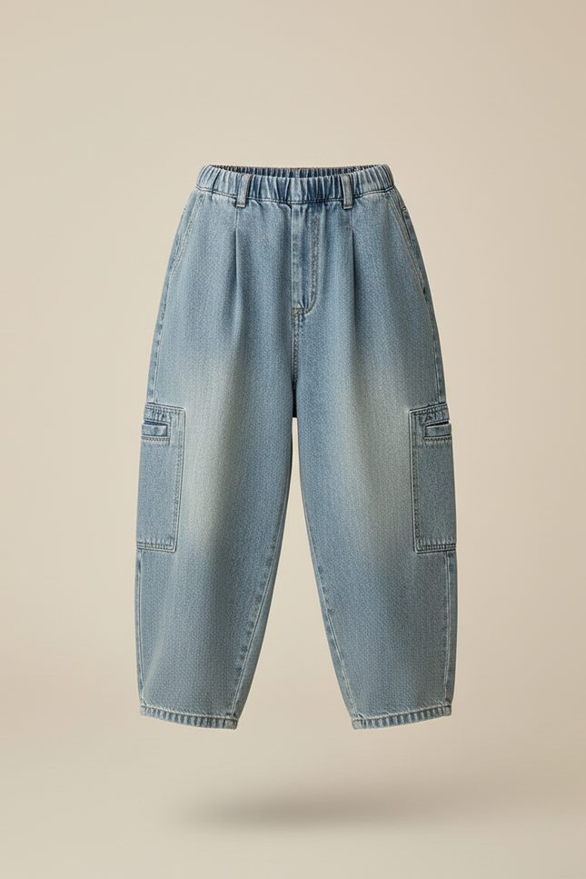 Pantalon Baggy Denim Ample Plissé Cargo Garçon - Bleu Jean - vue 3