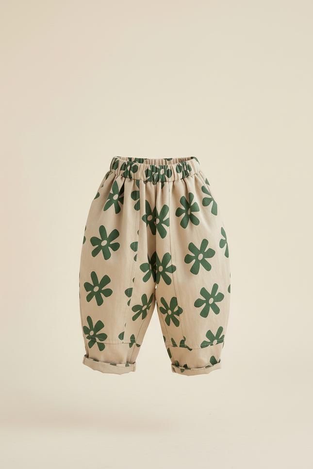 Pantalon Baggy Beige Fleuri Coton Ample Décontracté Enfant - Toile - vue 3