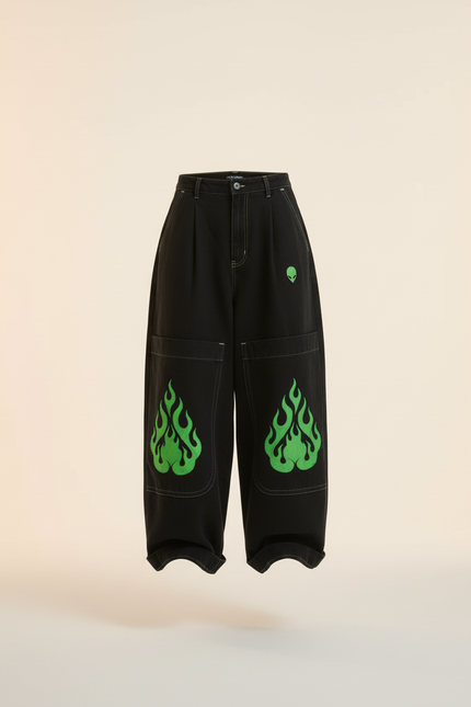 Pantalon Baggy Noir Ample Flammes Vertes Streetwear - Jean - vue 3
