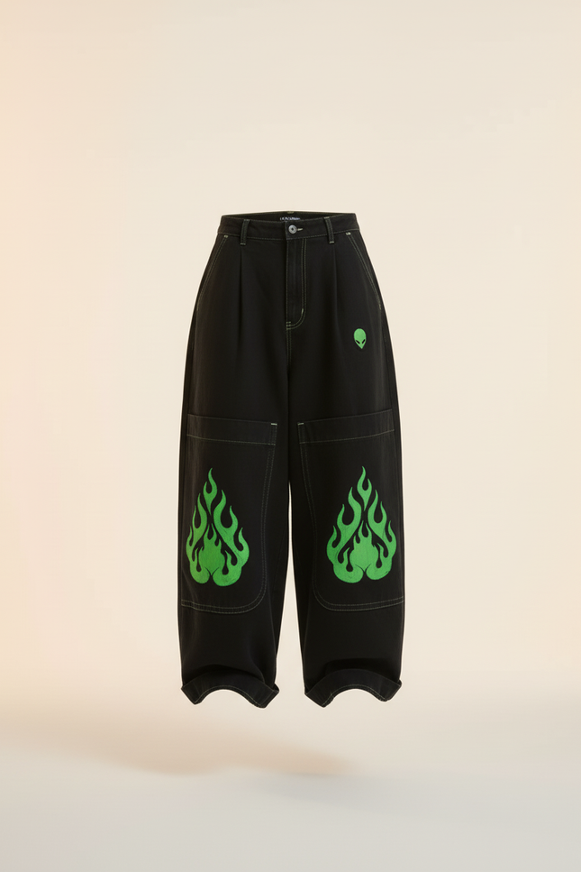 Pantalon Baggy Noir Ample Flammes Vertes Streetwear - Jean - vue 3