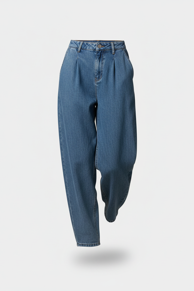 Pantalon Baggy Bleu Jean Ample Plissé Décontracté - vue 3