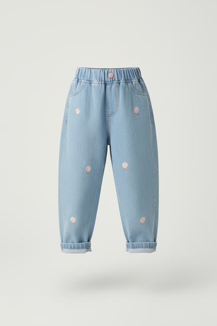 Pantalon Baggy Denim Bleu Clair Brodé Fleurs Fille - Jean - vue 3