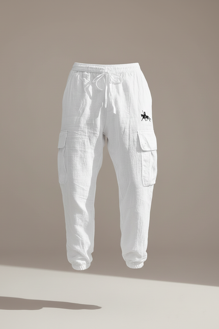 Pantalon Baggy Blanc Lin Cargo Ample Cordon Homme - vue 3