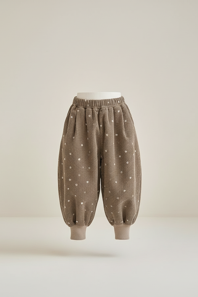 Pantalon Baggy Velours Côtelé Marron Points Blancs Ample Enfant - Cordé - vue 3