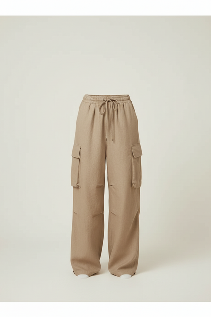 Pantalon Baggy Beige Lin Ample Cargo Cordon - vue 3