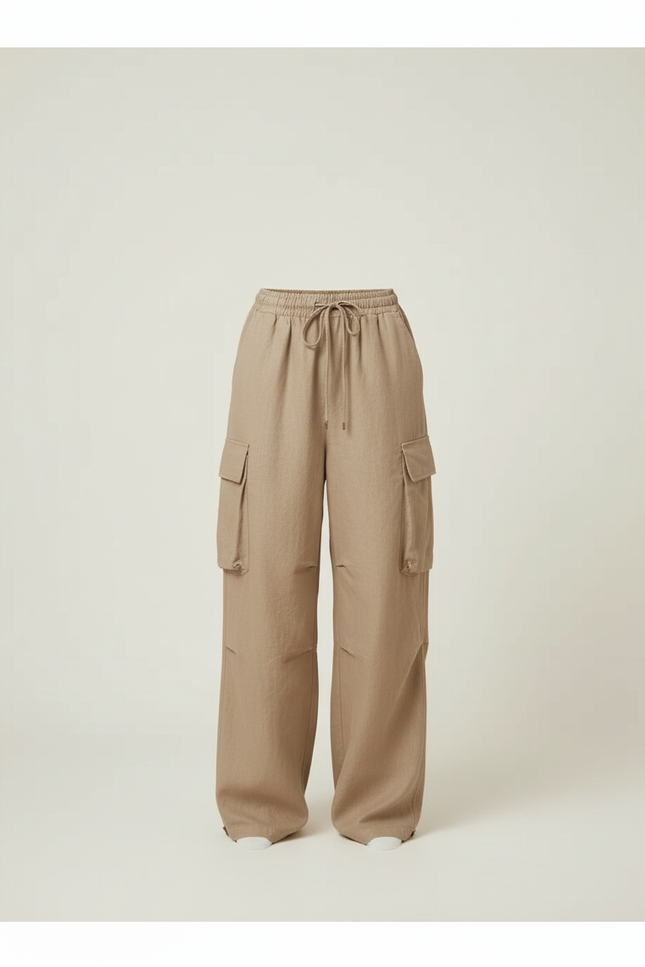 Pantalon Baggy Beige Lin Ample Cargo Cordon - vue 3