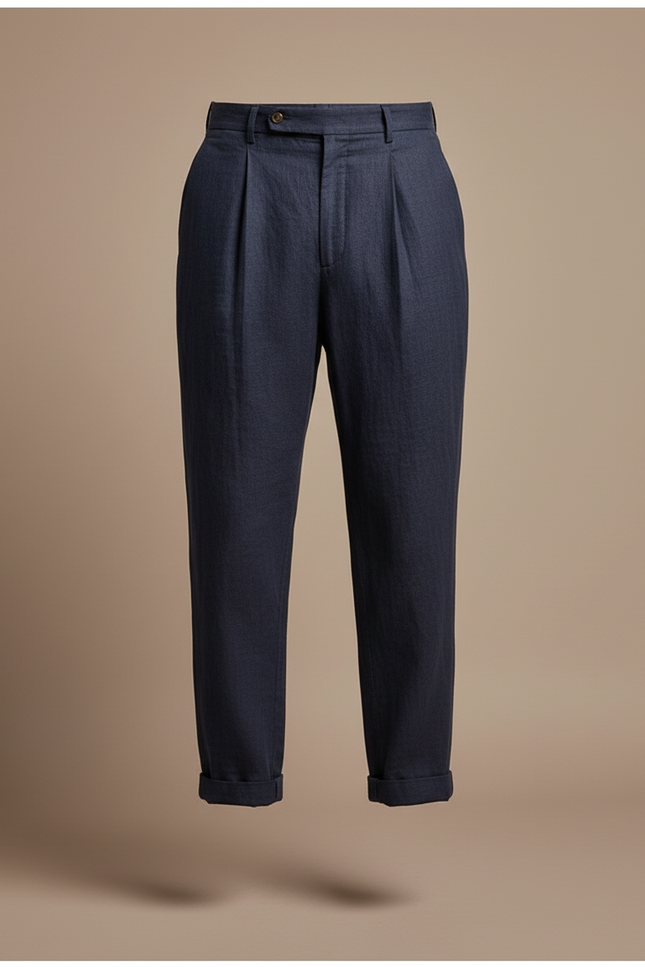 Pantalon Baggy Bleu Marine Lin Plissé Homme Chic - vue 3