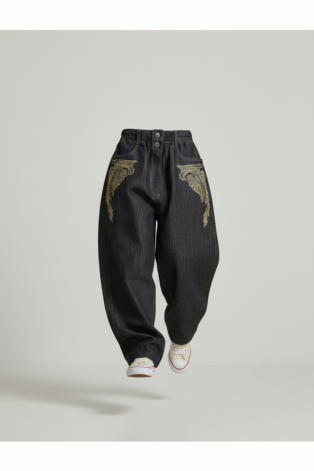 Pantalon Baggy Denim Noir Brodé Ample Enfant - Jean - vue 3