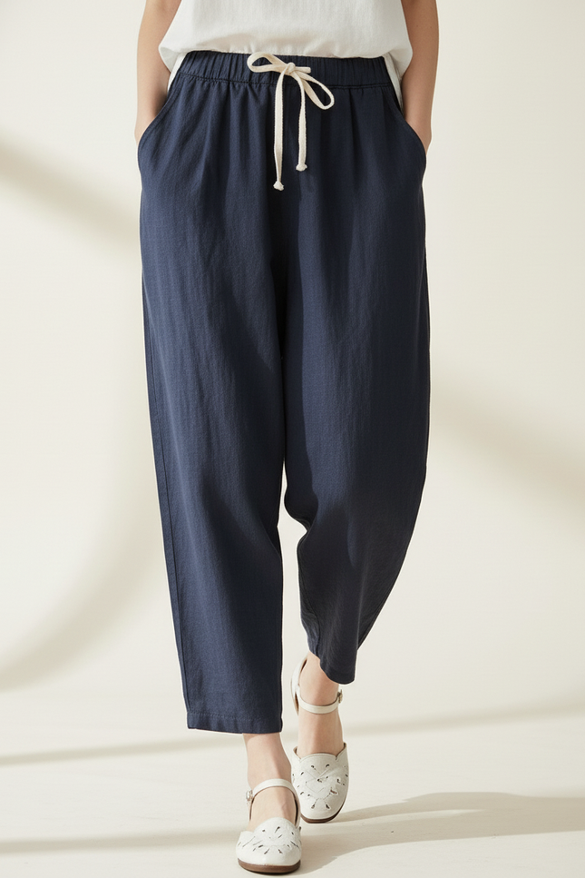 Pantalon Baggy Bleu Marine Lin Ample Décontracté Cordon - vue 3