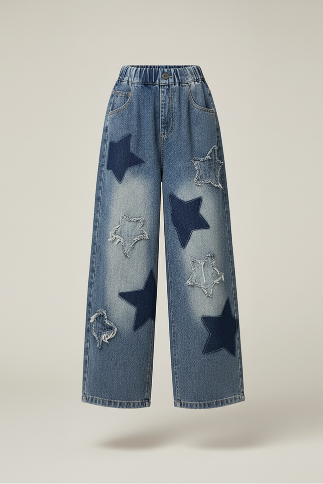 Pantalon Baggy Jean Bleu Étoiles Ample Fille - vue 3