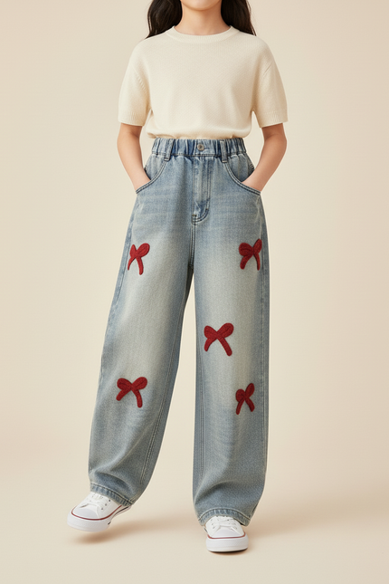 Pantalon Baggy Jean Denim Ample Nœuds Rouges Enfant - Bleu - vue 3