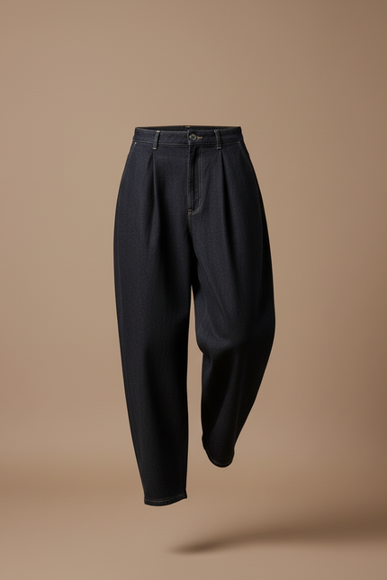 Pantalon Baggy Jean Denim Ample Plissé Taille Haute - Marine - vue 3