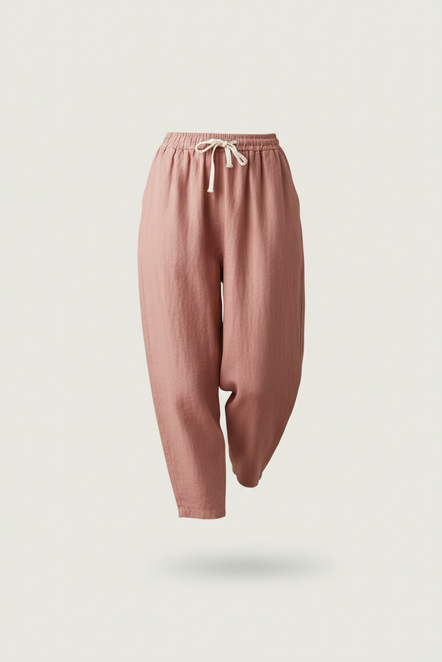 Pantalon Baggy Rose Lin Ample Taille Haute Cordon - vue 3