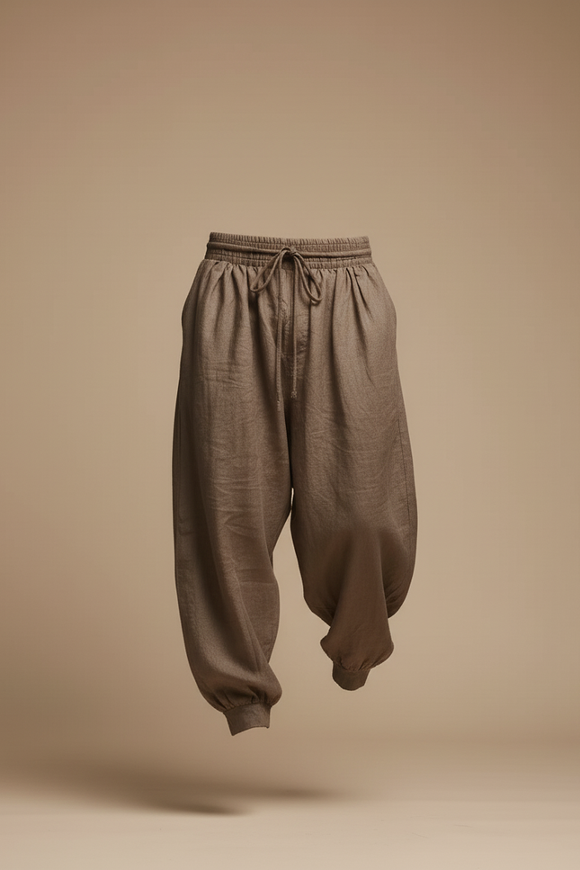 Pantalon Baggy Marron Lin Ample Cordon Décontracté Homme - vue 3