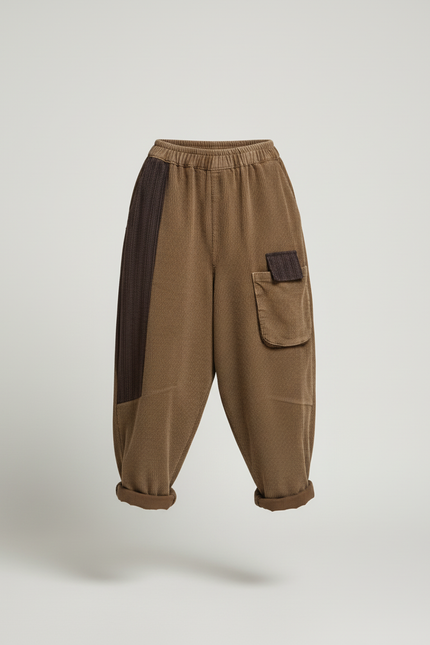 Pantalon Baggy Côtelé Marron Ample Patchwork Décontracté - Camel Cordé - vue 3