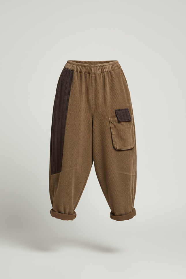 Pantalon Baggy Côtelé Marron Ample Patchwork Décontracté - Camel Cordé - vue 3