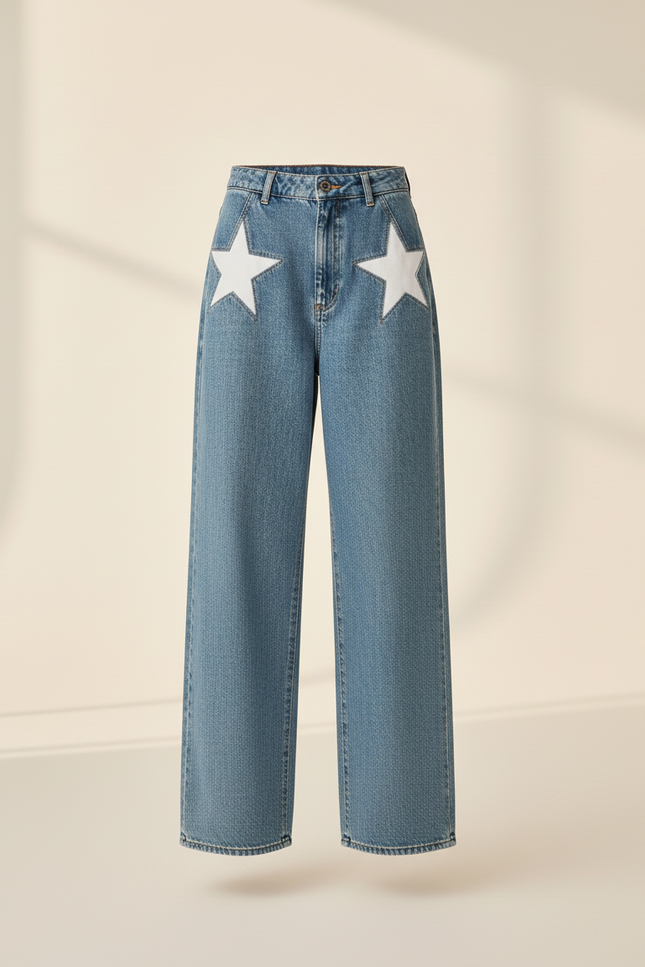 Pantalon Baggy Bleu Jean Étoiles Blanches Ample - vue 3