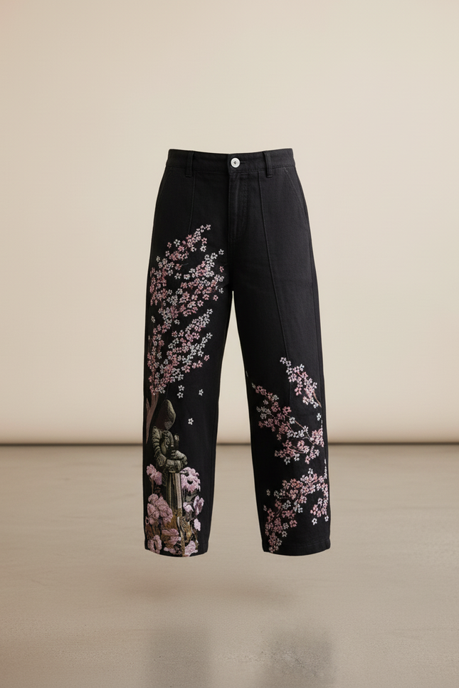 Pantalon Baggy Noir Brodé Floral Ample Décontracté - Coton - vue 3