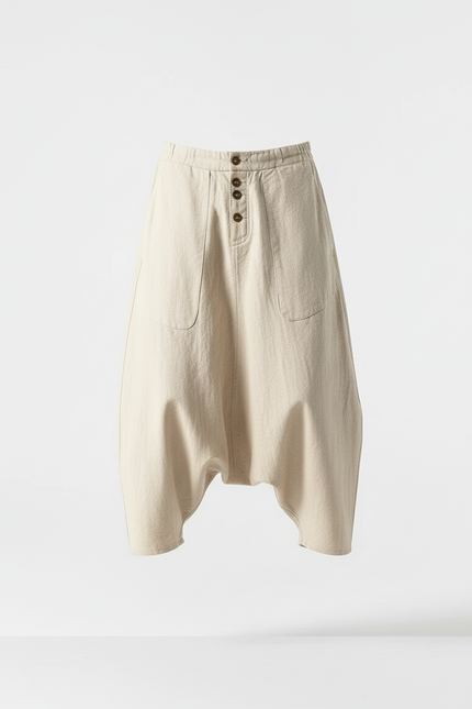 Pantalon Baggy Beige Lin Ample Décontracté Boutons - vue 3