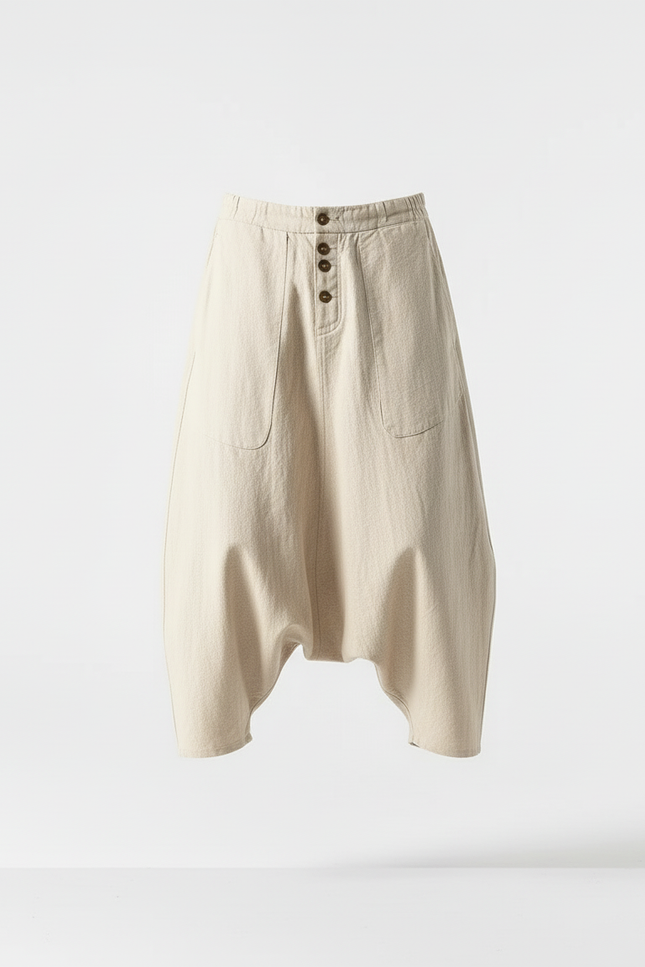 Pantalon Baggy Beige Lin Ample Décontracté Boutons - vue 3