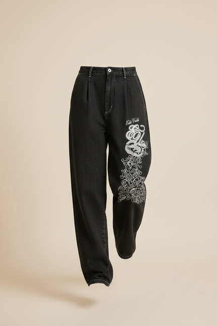 Pantalon Baggy Noir Brodé Large Décontracté Femme - Jean - vue 3