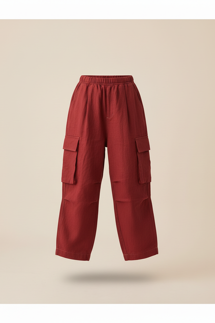 Pantalon Baggy Rouge Cargo Ample Enfant Coton - Bordeaux Lin - vue 3