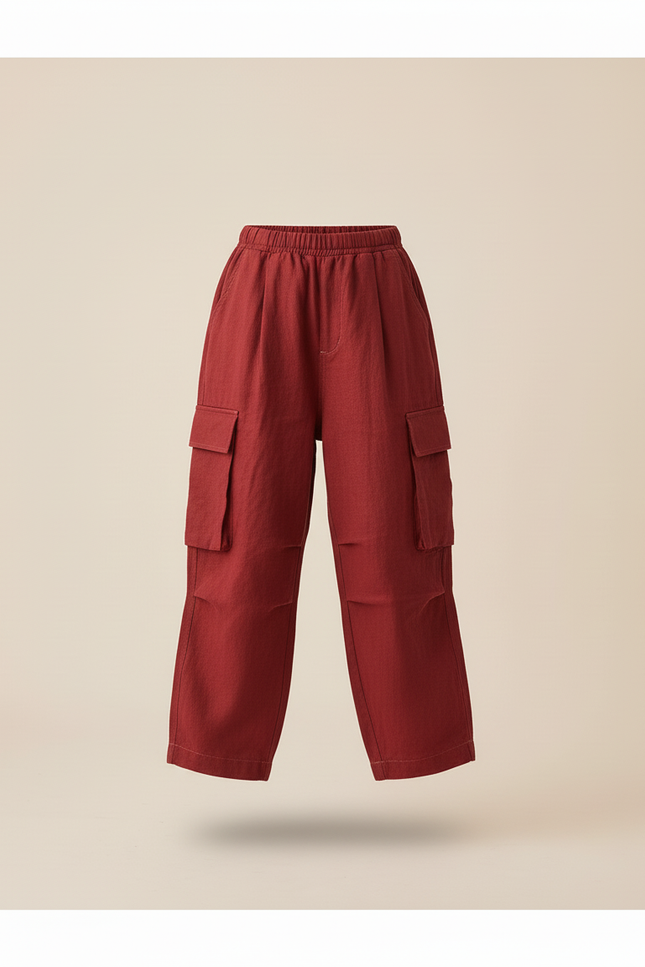Pantalon Baggy Rouge Cargo Ample Enfant Coton - Bordeaux Lin - vue 3