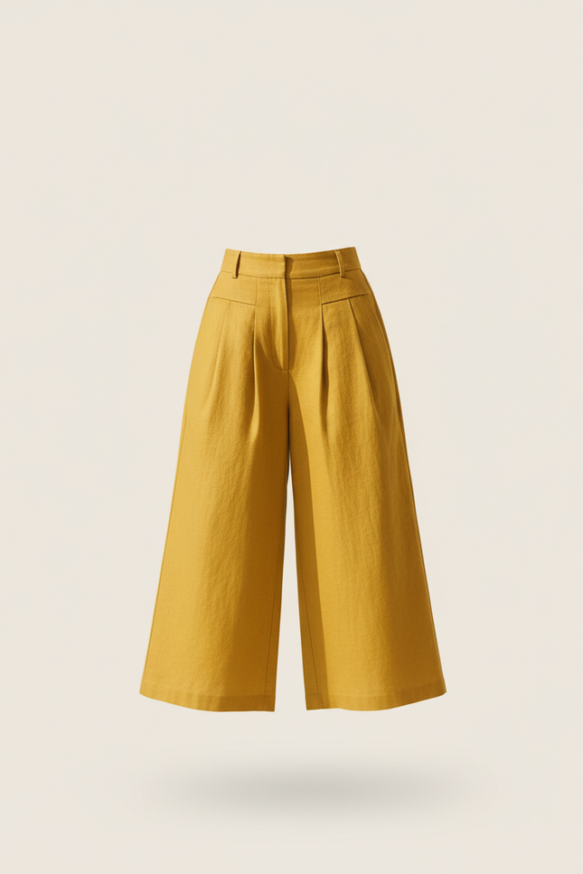 Pantalon Baggy Jaune Moutarde Lin Ample Plissé Décontracté - vue 3