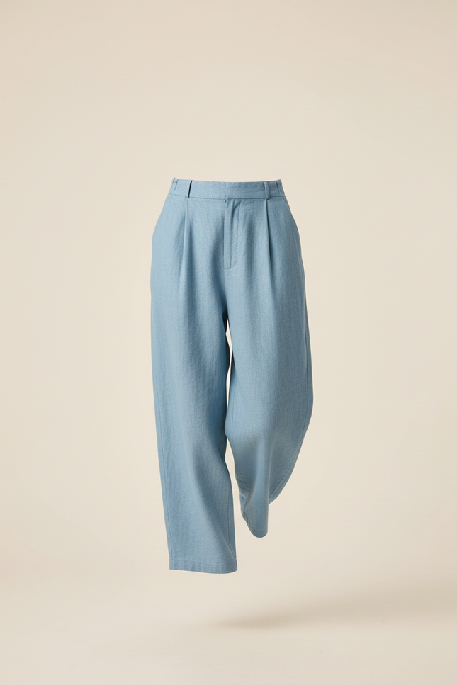 Pantalon Baggy Bleu Ciel Plissé Ample Décontracté Femme - Lin - vue 3