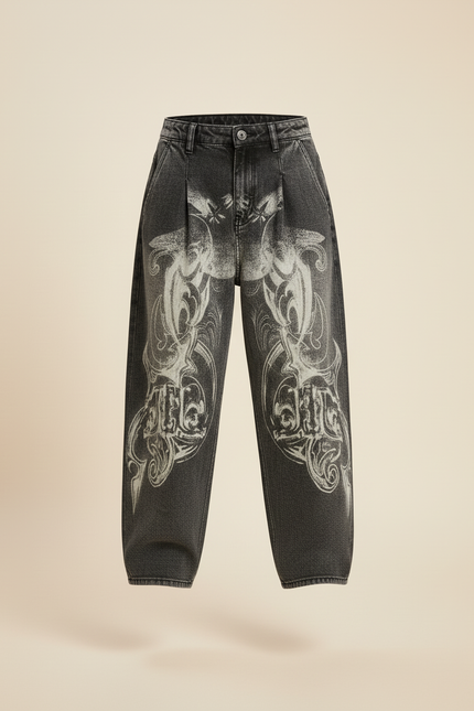 Pantalon Baggy Jean Gris Délavé Imprimé Tribal - vue 3