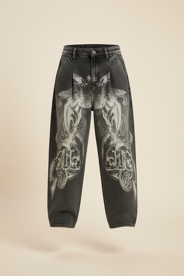 Pantalon Baggy Jean Gris Délavé Imprimé Tribal - vue 3