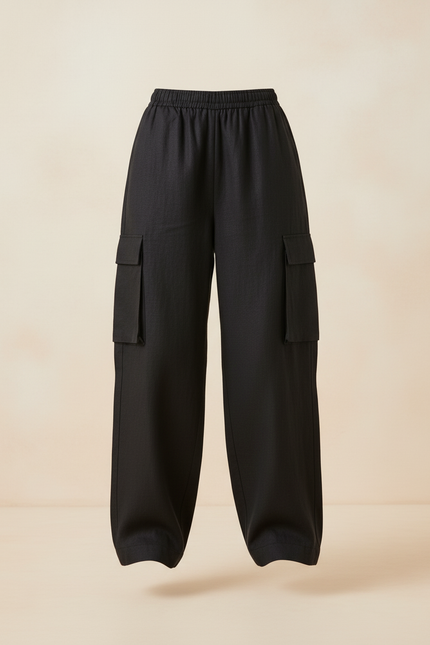 Pantalon Baggy Noir Lin Fluide Cargo Femme - vue 3