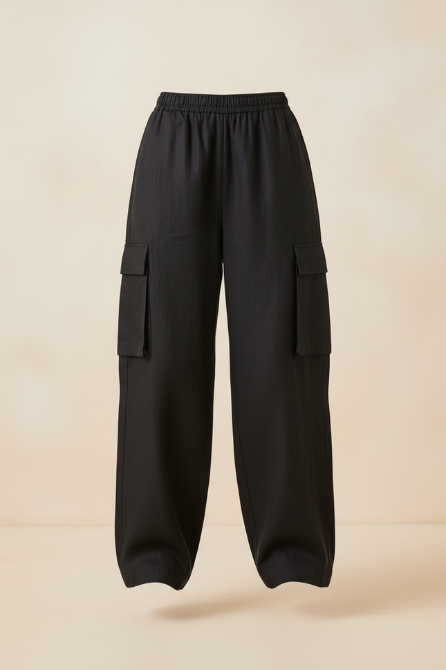 Pantalon Baggy Noir Lin Fluide Cargo Femme - vue 3